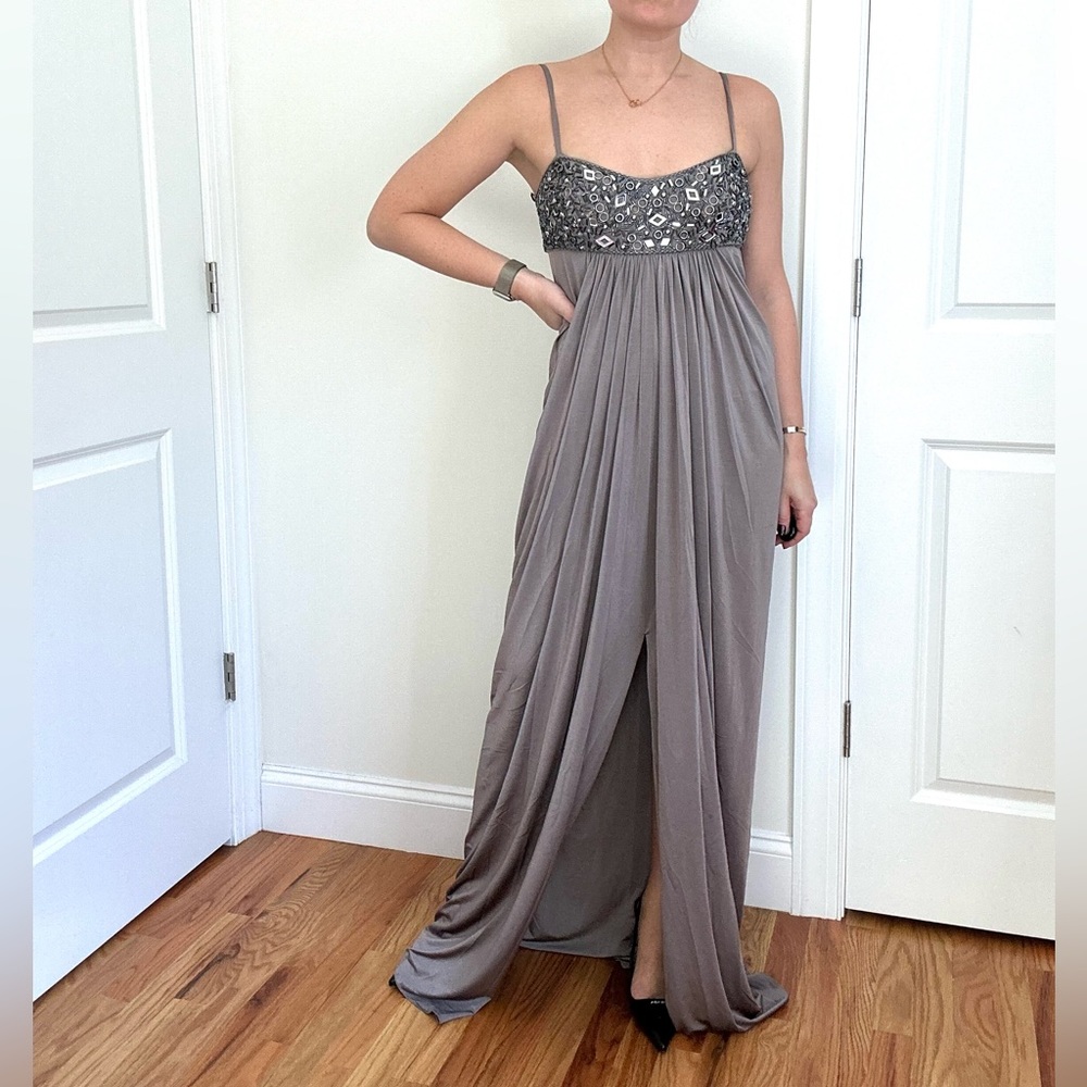 Silk Blend Jersey Grecian Goddess Beaded Bodice Evening Gown